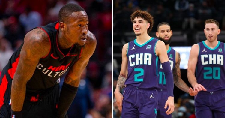 Terry Rozier (left) Hornets players - LaMelo Ball, Cody Martin, and Gordon Hayward (right) (Credits - Miami Herald and Rappler)