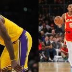 Los Angeles Lakers' LeBron James and Atlanta Hawks' Dejounte Murray