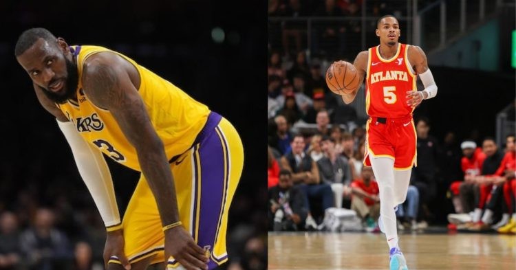 Los Angeles Lakers' LeBron James and Atlanta Hawks' Dejounte Murray