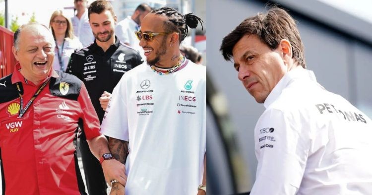 Lewis Hamilton with Fred Vasseur (left), Toto Wolff (right) (Credits- Sky Sports, PlanetF1)