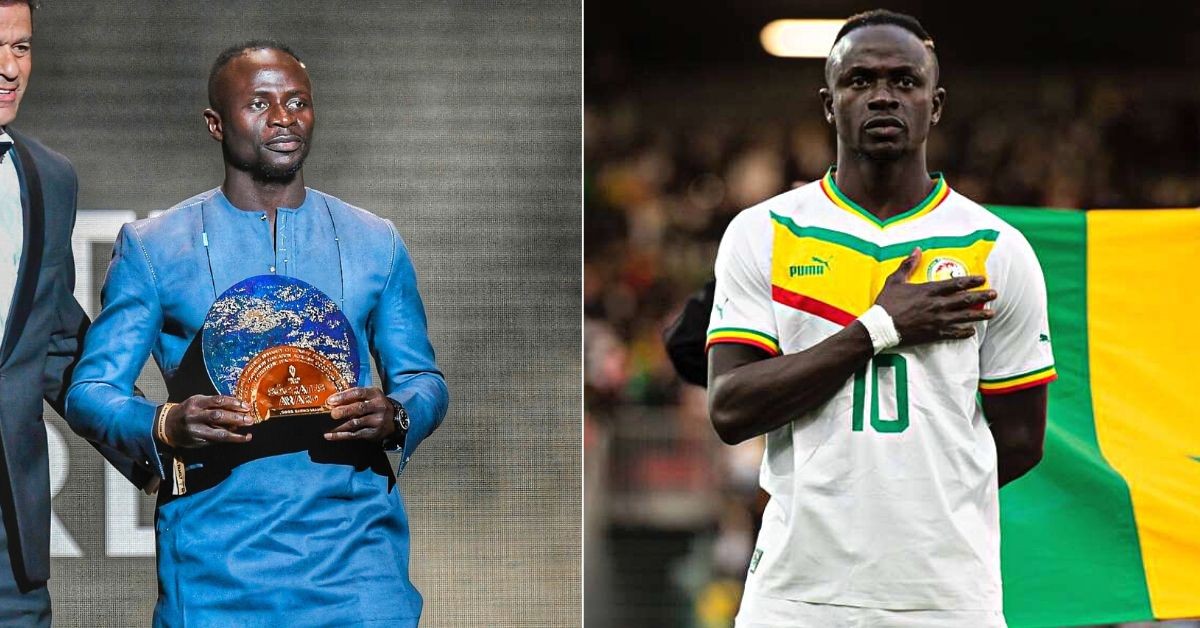 Sadio Mane receiving Socrates award (left) - playing for Senegal (right)