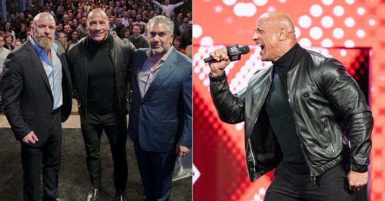 image collage of Triple H, Dwayne Johnson and Nick Khan together and The Rock with mic