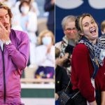 L Stefanos Tsitsipas losing 2021 French Open final; R With girlfriend Paula Badosa