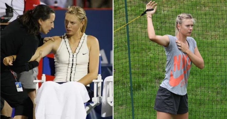 Maria Sharapova suffering an arm injury in 2008. (Credits- Jacques Boissinot/Associated Press, gotcelebs)