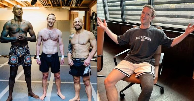 Mark Zuckerberg with UFC fighters and Mark Zuckerberg after tearing his ACL.
