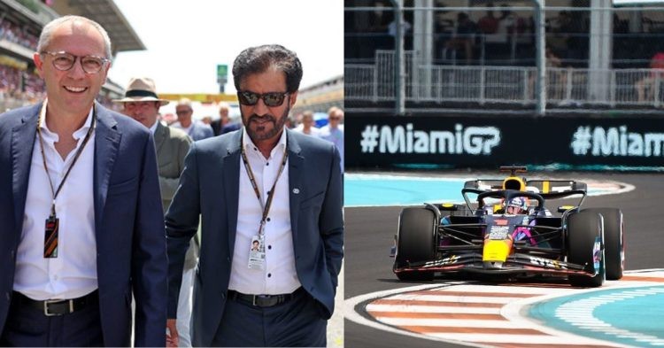 Stefano Domenicali with Mohammed Ben Sulayem (left), F1 Miami Grand Prix (right) (Credits- F1News.ru, Motorsport.com)