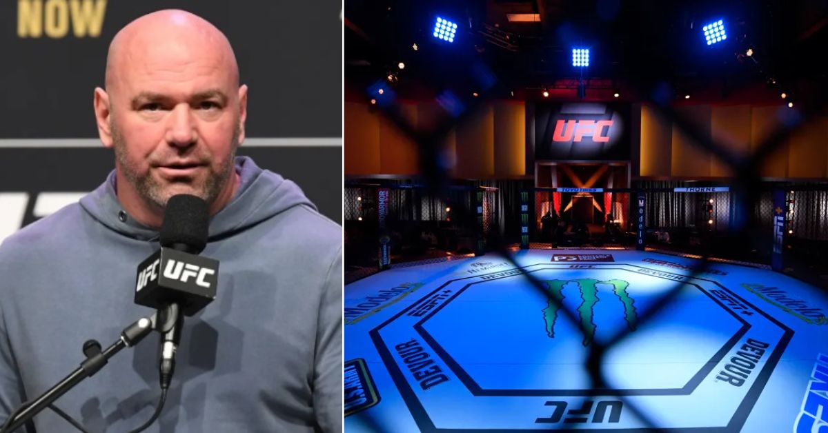 UFC CEO Dana White conducts a press conference (L) UFC Arena (R)