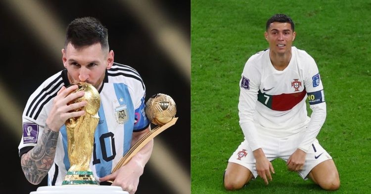 Collage of Lionel Messi kissing the World Cup in 2022 and Cristiano Ronaldo getting emotional after getting knocked out of the competition.