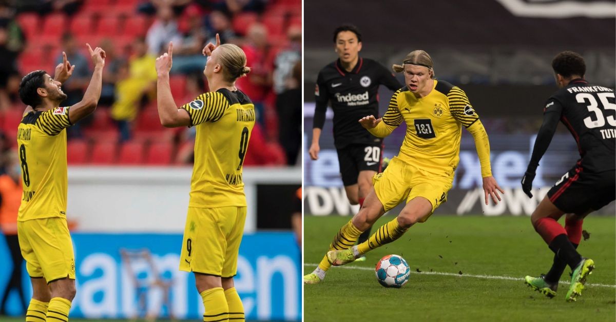 Erling Haaland looks to the heavens with his Dortmund teammate (L) Haaland controls the ball against a defender (R)
