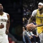 Los Angeles Lakers' D'Angelo Russell and New Orleans Pelicans' Zion Williamson