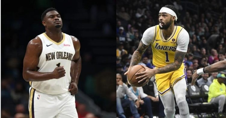 Los Angeles Lakers' D'Angelo Russell and New Orleans Pelicans' Zion Williamson