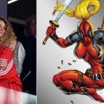 Blake Lively and Taylor Swift embrace each other while attending the Super Bowl LVIII (L) Lady Deadpool comic (R)