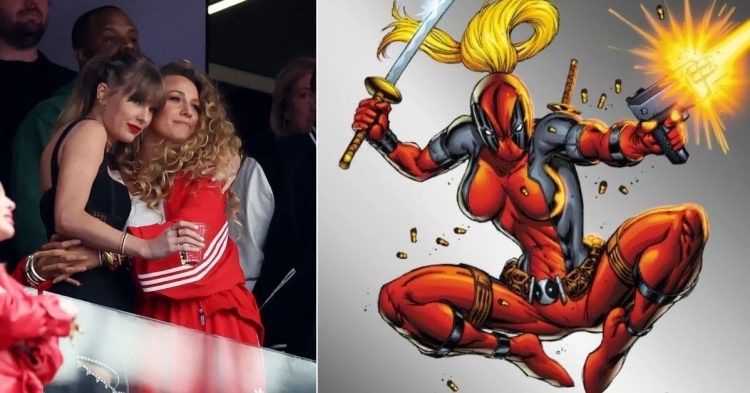 Blake Lively and Taylor Swift embrace each other while attending the Super Bowl LVIII (L) Lady Deadpool comic (R)