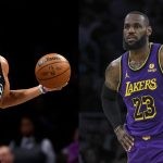 Los Angeles Lakers' LeBron James and Spencer Dinwiddie