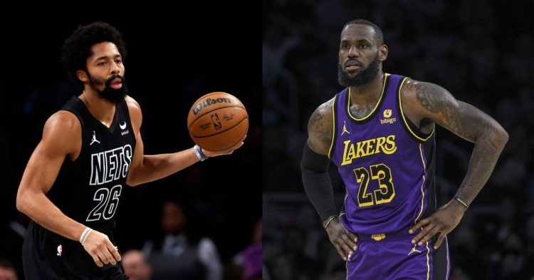 Los Angeles Lakers' LeBron James and Spencer Dinwiddie