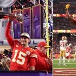 Patrick Mahomes lifts the MVP award as Kansas City Chiefs win the Super Bowl LVIII.