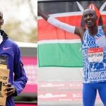 Collage of Kelvin Kiptum celebrating his marathon win with the Kenyan flag.