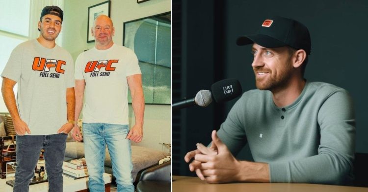 Kyle Forgeard poses with Dana White while wearing the UFC and FULL SEND T-shirt (L) Bob Menery conducts a podcast (R)