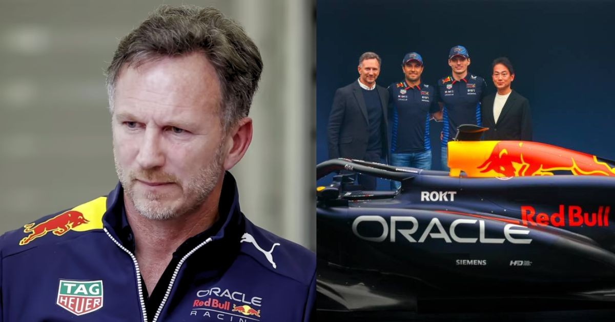 Christian Horner (left), Horner at the Red Bull RB20 launch (right) (Credits- F1, Honda. Racing)