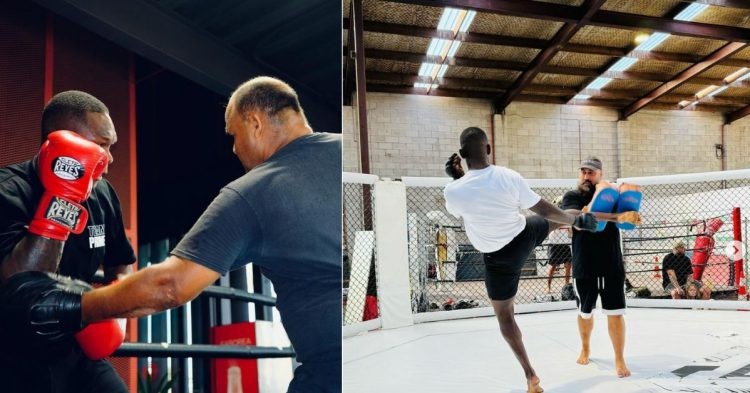 Israel Adesanya training boxing (right) and kickboxing (left) ahead of potential fight at UFC 300
