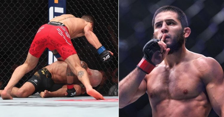 Islam Makhachev reacts to UFC 298 between Alexander Volkanovski and Ilia Topuria