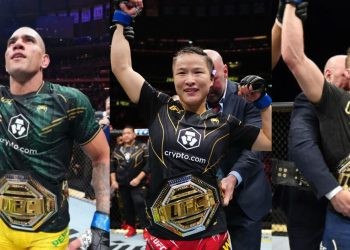 Alex Pereira, Zhang Weili and Justin Gaethje
