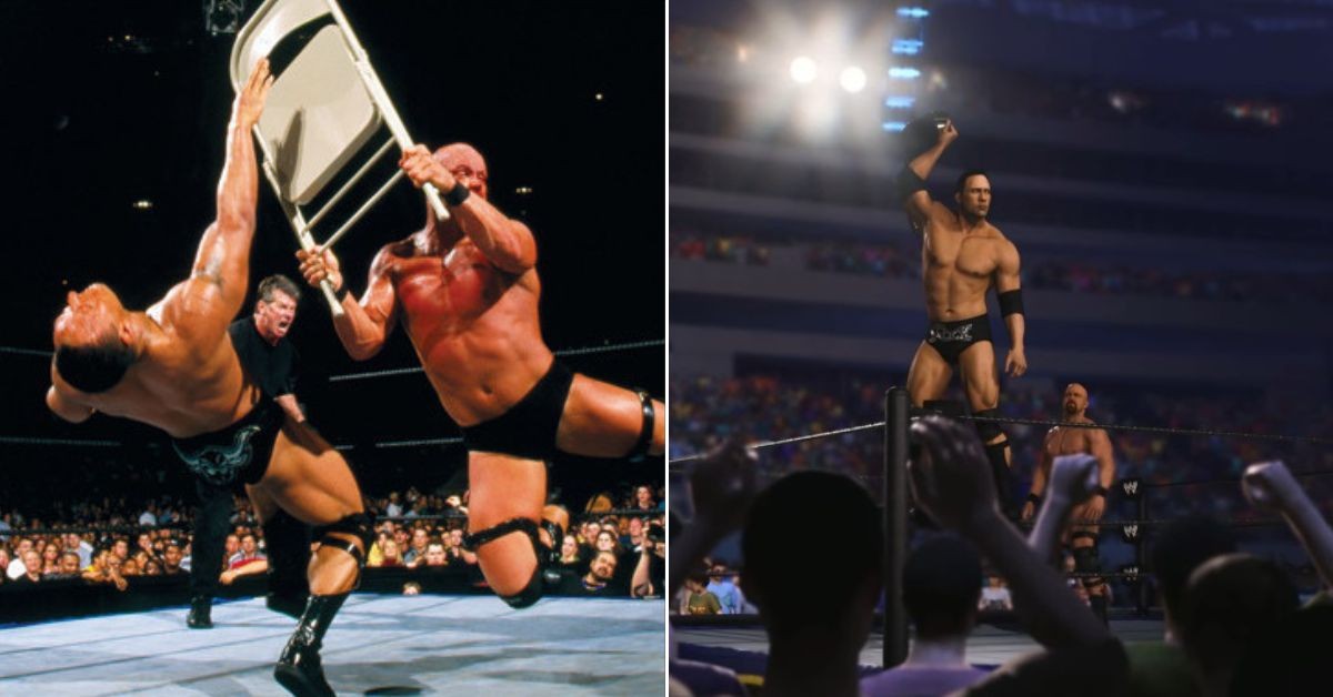 The Rock vs Steve Austin From WreslteMania 17 is a part of WWE 2K24(right)