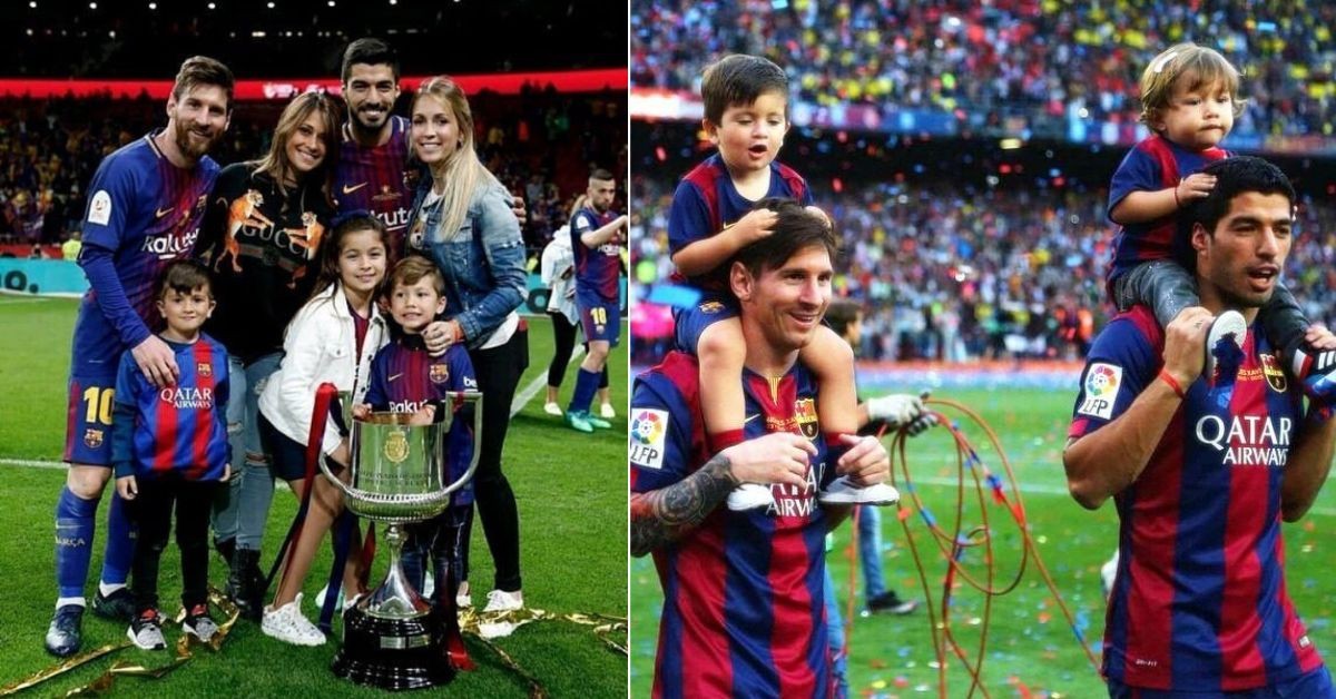 Lionel Messi and Luis Suarez with their sons