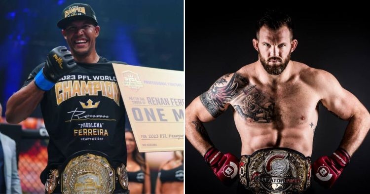 Renan Ferreira after winning the PFL 2023 tournament (L) Ryan Bader posing with his Bellator title (R)