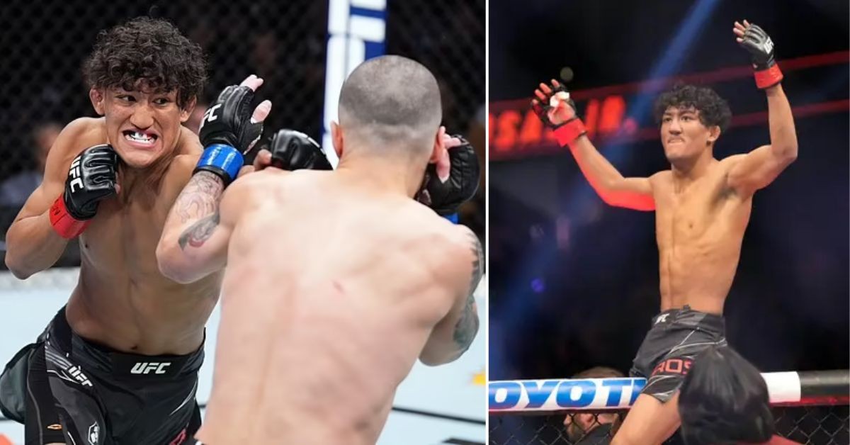 A collage of Raul Rosas Jr. fighting and celebrating inside the Octagon.