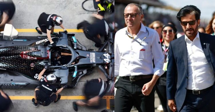 Mercedes Formula 1 team (left), Mohammed Ben Sulayem and Stefano Domenicali (right) (Credits F1, PlanetF1)