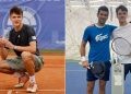 L: Jakub Mensik winning Prague Open; R: with Novak Djokovic