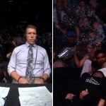 Michael Bisping and Brendan Fitzgerald commentating at UFC in New Mexico in 2019 (L) Crowd throws trash at fighters as security intervenes at UFC Fight Night 159 (R)