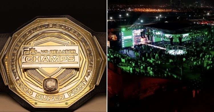 PFL vs Bellator title on left side and the arena hosting the event on the right side of the image