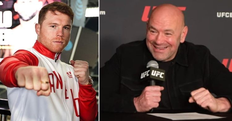 Canelo Alvarez punching in the air (L) Dana White laughing during a press conference (R)