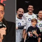 Brian Ortega during the post-fight interview (L) Ortega celebrates with his family at UFC Mexico after defeating Yair Rodriguez (R)