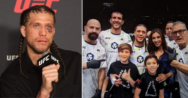 Brian Ortega during the post-fight interview (L) Ortega celebrates with his family at UFC Mexico after defeating Yair Rodriguez (R)