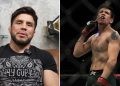 Henry Cejudo hosts his YouTube video with his two titles in the background (L) Brandon Moreno riles up the crowd inside the Octagon (R)