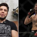 Henry Cejudo hosts his YouTube video with his two titles in the background (L) Brandon Moreno riles up the crowd inside the Octagon (R)