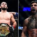 Islam Makhachev celebrates with his UFC Lightweight title (L) Ilia Topuria screaming inside the Octagon (R)