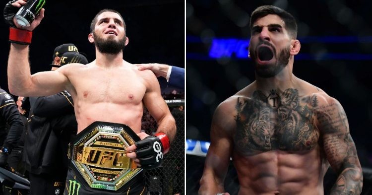 Islam Makhachev celebrates with his UFC Lightweight title (L) Ilia Topuria screaming inside the Octagon (R)