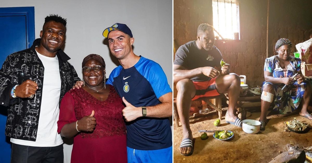 Francis Ngannou poses with his mother and Cristiano Ronaldo (L) Ngannou with his mother (R)