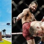 Jorge Masvidal poses in front of a monument in Stockton (L) Masvidal kicks Nate Diaz in the face during their UFC 244 fight (R)