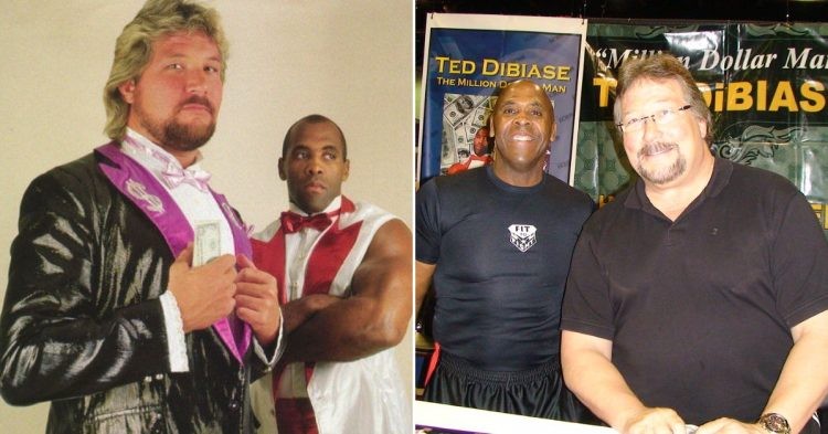 Ted DiBiase and Virgil during their WWE days (L) Ted DiBiase and Virgil at an autograph signing later in their lives (R)