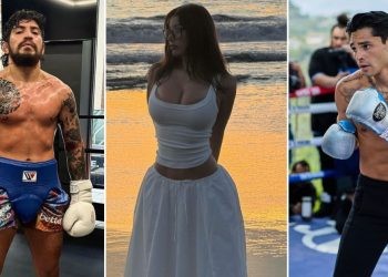 Dillon Danis posing wearing boxing gloves (L) Mikaela Testa posing on the beach with the sea in the background (M) Ryan Garcia sparring (R)