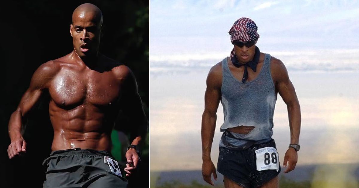 David Goggins shirtles (L) Goggins wearing a sleeveless and goggles (R)