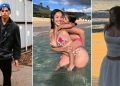 Ryan Garcia in a casual outfit (L) Andrea Celina with her daughter Bela (M) Mikaela Testa on the beach in front of the sea (R)