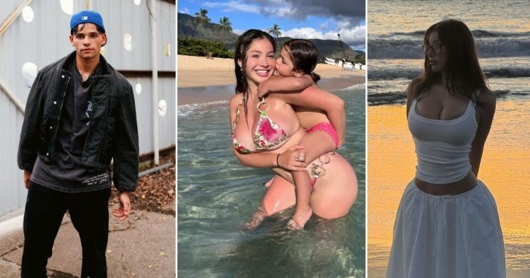 Ryan Garcia in a casual outfit (L) Andrea Celina with her daughter Bela (M) Mikaela Testa on the beach in front of the sea (R)