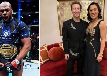 Jon Jones (L) Mark Zuckerberg with his wife Priscilla Chan (R)