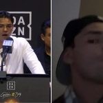 Ryan Garcia talking during a press conference wearing white (L) Garcia smoking (R)